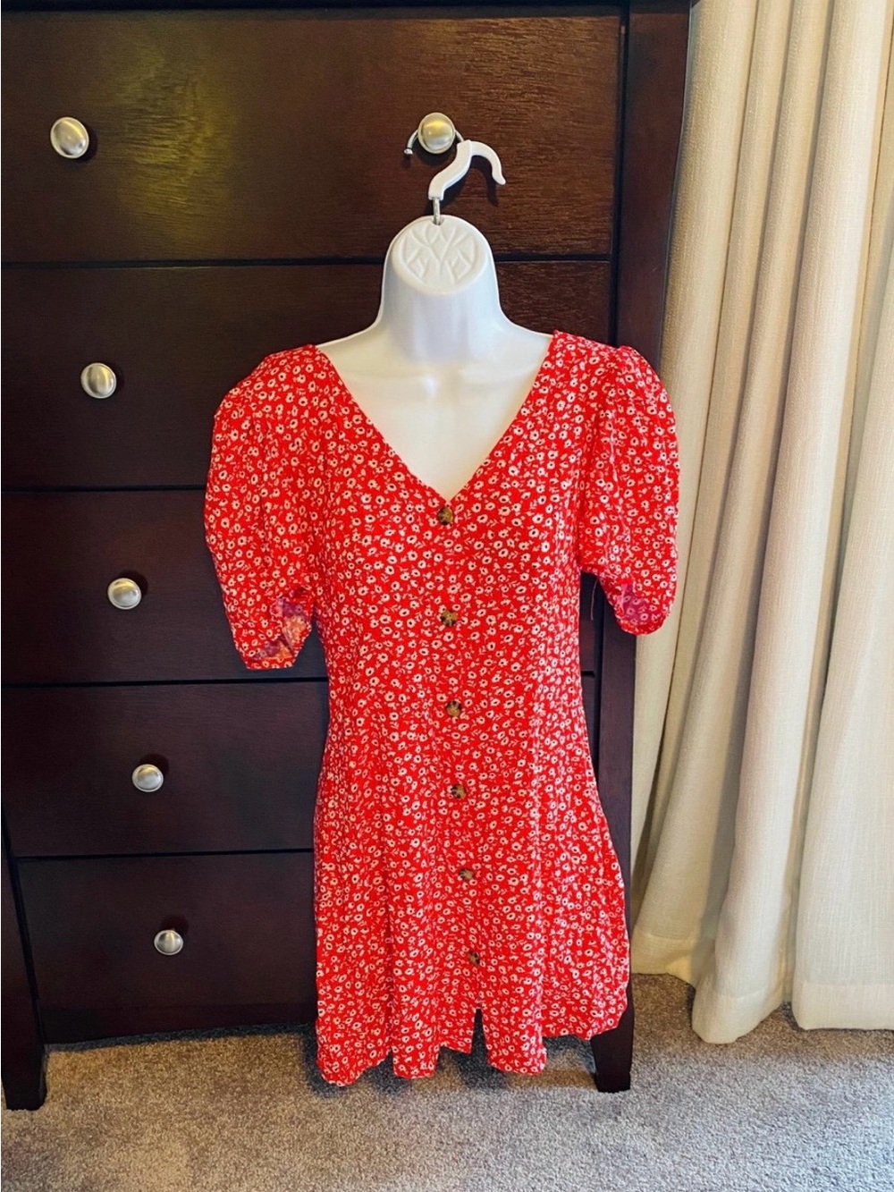 Floral Button-Front Puff Sleeve Dress